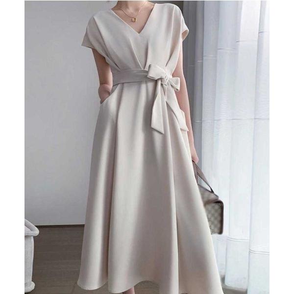 ワンピース ウエストリボンフレンチスリーブVネックワンピース