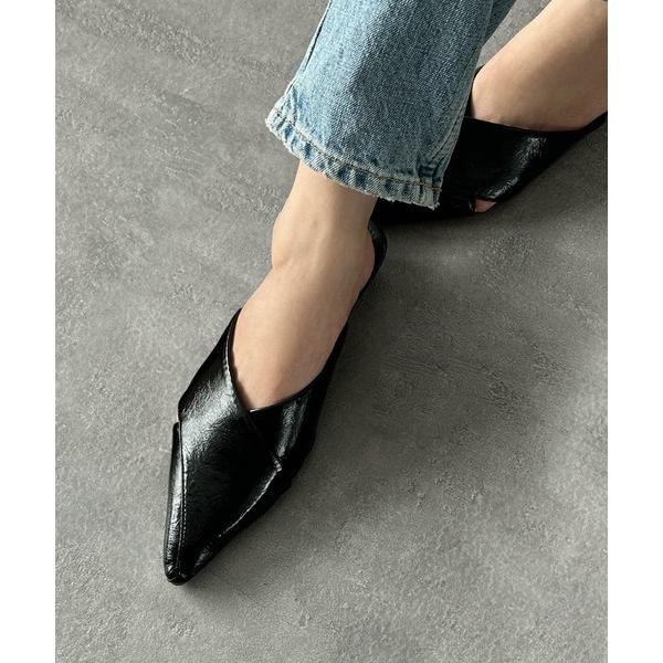 パンプス メタリック Vカット フラット ポインテッドトゥ ローヒール ミュール パンプス サンダル
