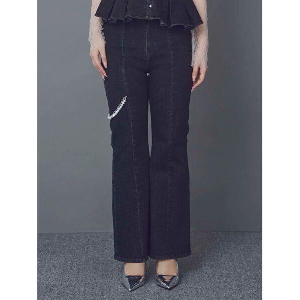 ジーンズ デニム デニムパンツ パールチェーンフレアデニム レディース