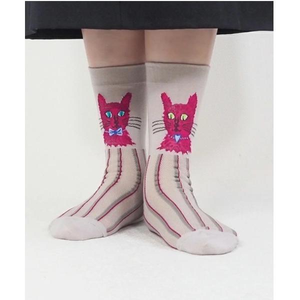 靴下 ハイゲージクルーソックス(キャット） レディース