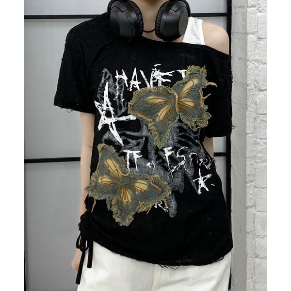tシャツ サイドリボン ワンショルバタフライ ダメージTEE レディース