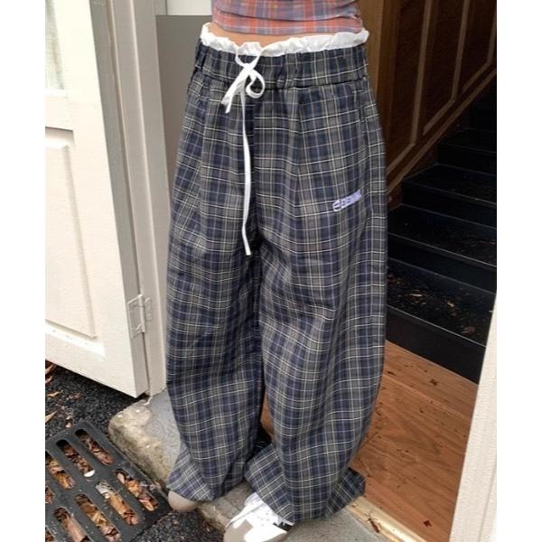 スラックス パンツ ワンポイントダブルウエストチェックパンツ レディース