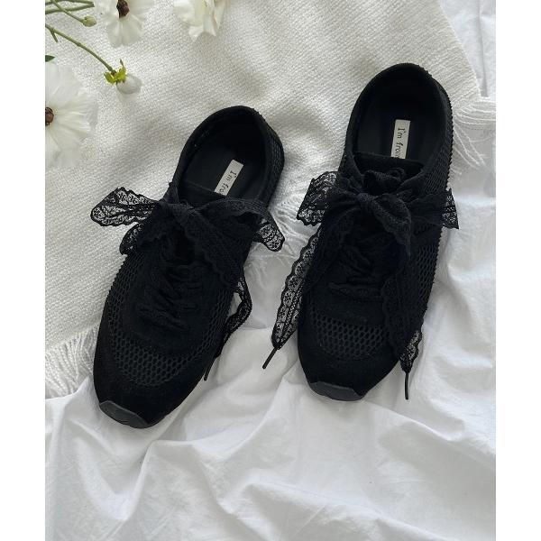 スニーカー バレリーナリボンメッシュフラットスニーカー レディース