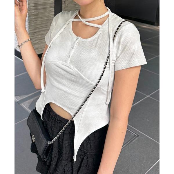 tシャツ ヘンリーネックヘムフレアトップス レディース