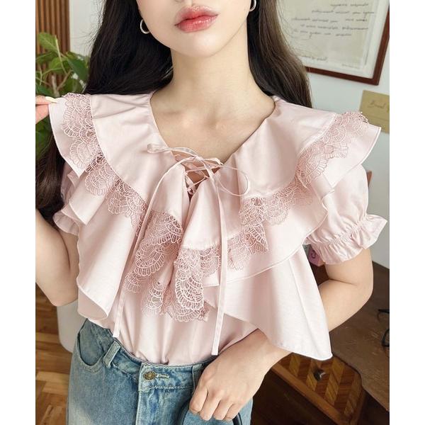 ブラウス シャツ ビッグカラーカスケードフリルレースアップ半袖ブラウス レディース