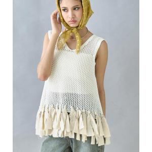 ニット セーター テープヤーン 透かし編み フリンジ ニット レディース