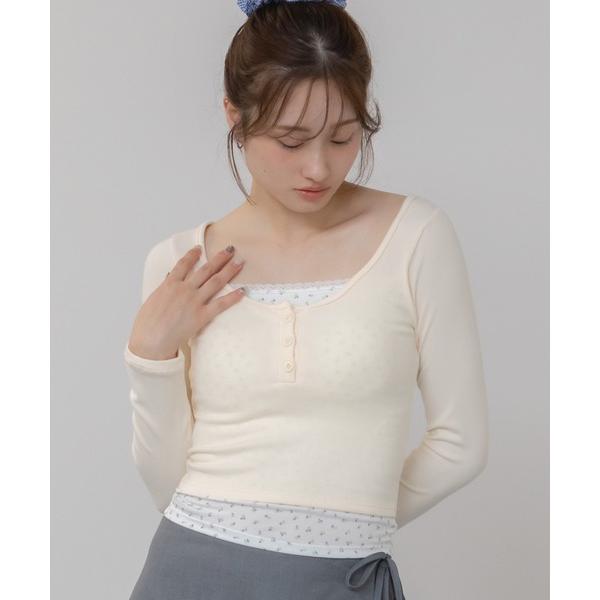 tシャツ レイヤードヘンリーカットソー / 秋服 レイヤード風 韓国 シティーガール ガーリー グレ...