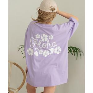 tシャツ バック ハイビスカス プリント オーバーサイズ Tシャツ レディース