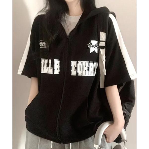 パーカー サイドライン 文字プリント ジップアップパーカー 半袖 レディース