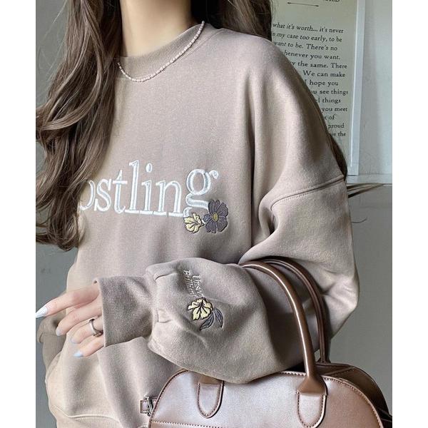 トレーナー スウェット シンプルなのに一際映える。フラワー刺繍裏起毛スウェット レディース