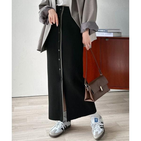 スカート 前後2wayで着まわせる！配色ボタンラインリブスカート（ロング丈）