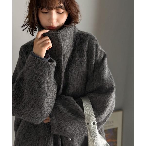 ステンカラーコート コート ベーシックとトレンドを両立。MIXシャギー比翼スタンドネックミドル丈コク...