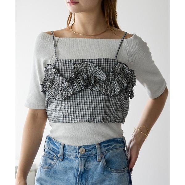 キャミソール ワッシャーチェック　フリルビスチェ