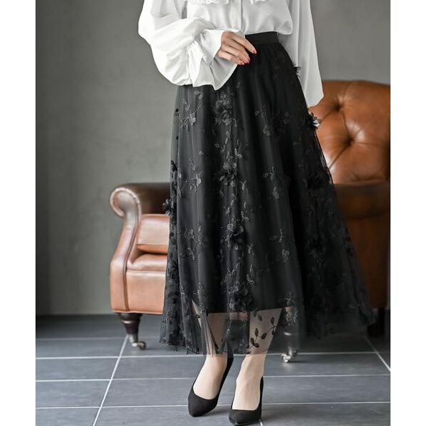 スカート フラワー刺繍チュールスカート