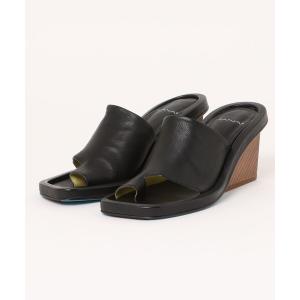 サンダル MANA マナ スクエアトゥ・ウッドヒールトングミュール レディース