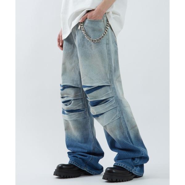 ワイドパンツ ジーンズ グラデーション タック デニムパンツ メンズ レディース