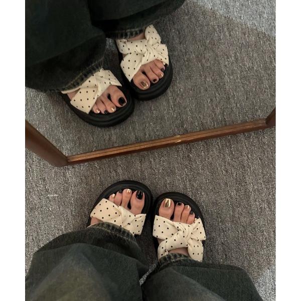 サンダル 新柄追加/ドット柄クロスリボン厚底サンダル レディース