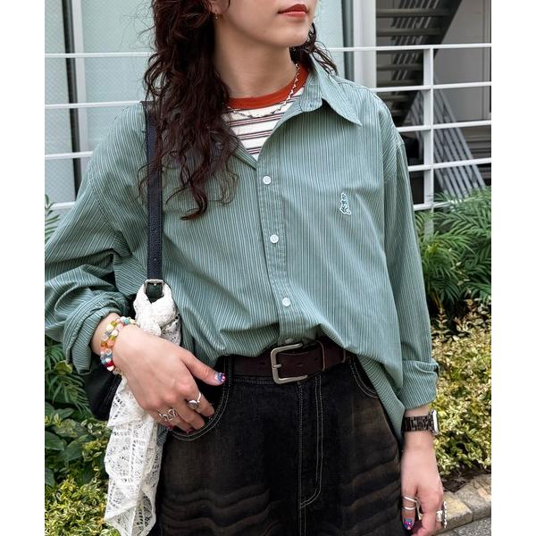 ブラウス シャツ 「m:rex」ミニ恐竜ワッペンクレイジーストライプシャツ レディース