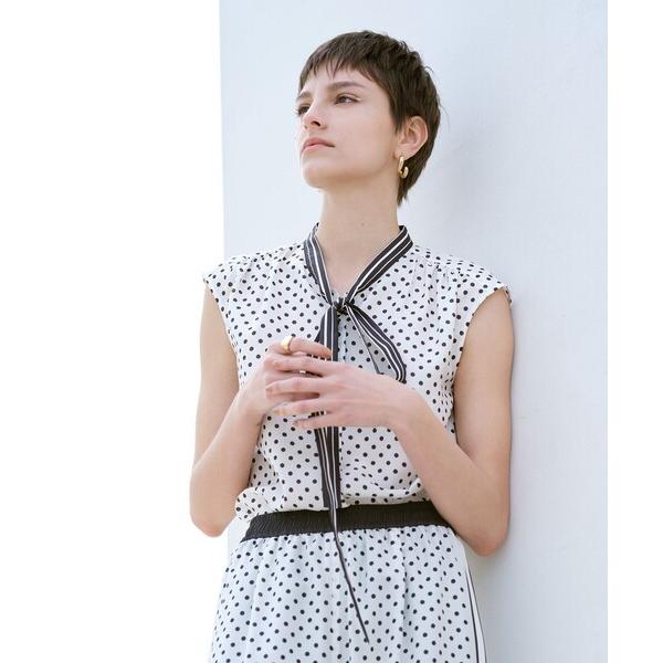 ブラウス シャツ パネルドットプリントボウタイブラウス レディース