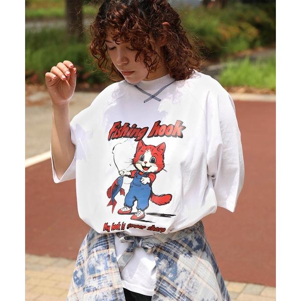 tシャツ HOOK -original-　アメリカンカートゥーン釣り猫プリントラグランスリーブTEE...