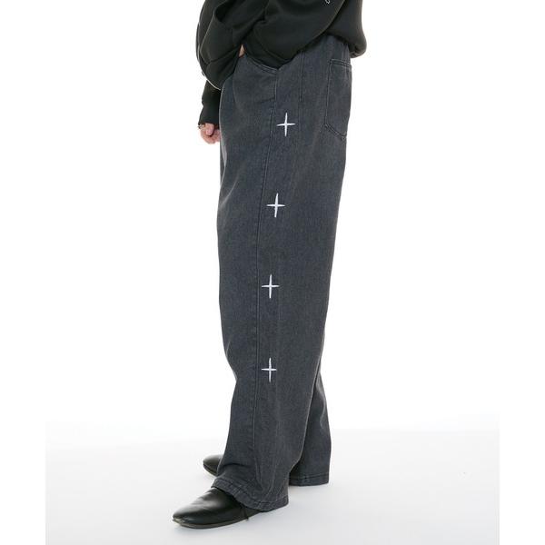 ジーンズ クロスモチーフ Y2K ワイドデニムパンツ イージーデニムパンツ メンズ レディース