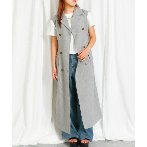 ワンピース 「ダブルボタン×共布ベルト」レディース ノースリーブ ロングジレワンピース スラブ生地 ...