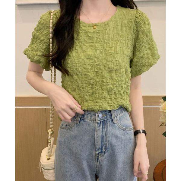 tシャツ パフスリーブ×ショート丈ポップコーントップス レディース