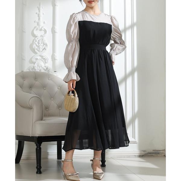 ドレス 配色 クルーネック キャンディースリーブ ギャザー ドレス