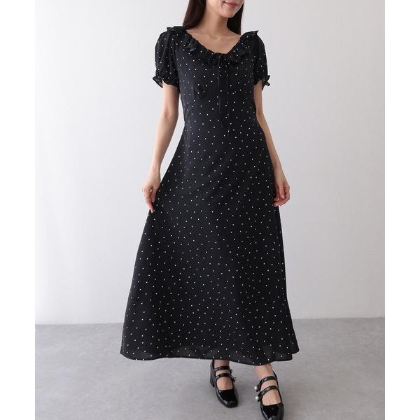 ワンピース ドット柄 フリル パフスリーブ マキシ ワンピース