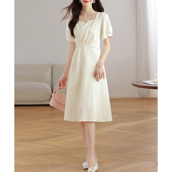 ワンピース 変形ドット ラインストーン パフスリーブ ミモレ丈 ワンピース