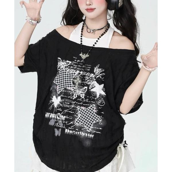 tシャツ 半袖 ホルターネック風レイヤード×総柄プリントTシャツ／Y2Kムード漂うストリートスタイル...