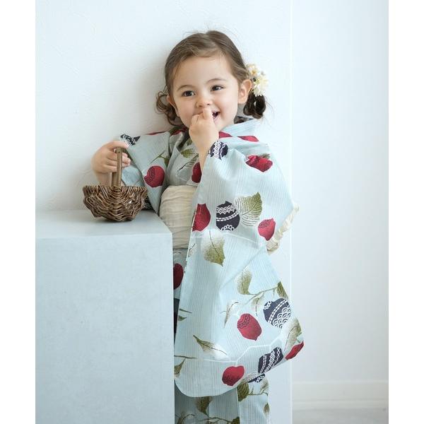 浴衣 キッズ浴衣3点セット ニコアンティーク 縞々ブルーに赤のほおずき キッズ 子供 女の子