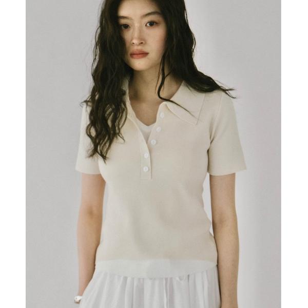 ニット セーター ハーフスリーブレイヤードポロニットトップス レディース