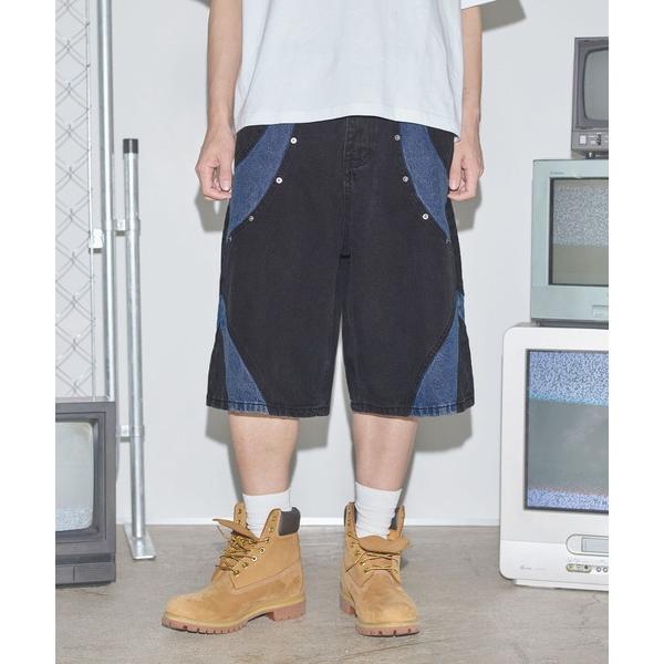 ワイドパンツ ハーフパンツ ジーンズ 短パン 切替バギーデニムショーツ「UNISEX」 メンズ レデ...