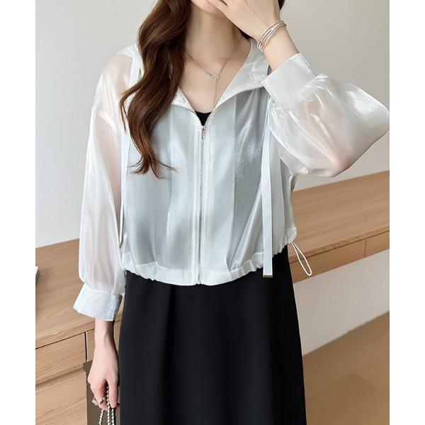 ブルゾン アウター シャイニーシアーブルゾン ショート丈 フード付き ドロスト シアー パーカー ブ...