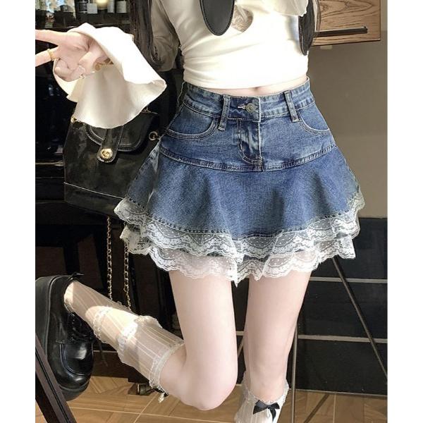 デニムスカート ティアード 裾レース デニム ミニスカート パンツ