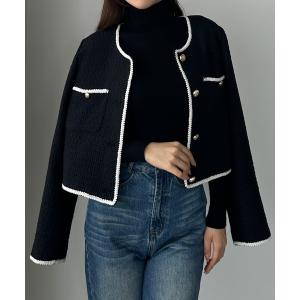 ジャケット ノーカラージャケット 配色ラメツイードジャケット レディース