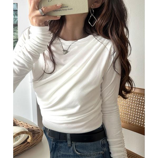 tシャツ 華奢見え洗練ドレープ♪アシメドレープオフショルフライスプルオーバー（長袖） レディース