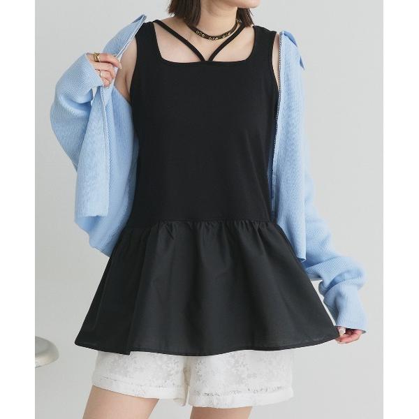 タンクトップ ノースリーブ 2wayネック スクエアホルター ギャザー切り替え タンクトップ レディ...