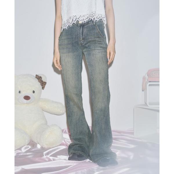 ジーンズ デニム デニムパンツ リベットフレアデニムパンツ ヴィンテージライク レディース