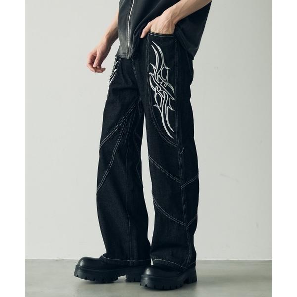 ジーンズ Embroidered straight denim pants / 刺繍デザインストレー...