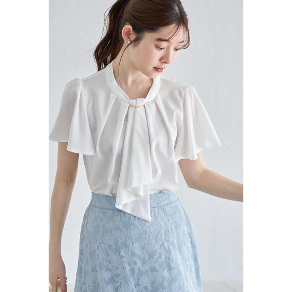 ブラウス シャツ ゴールドバー付きラッフルボウタイブラウス レディース