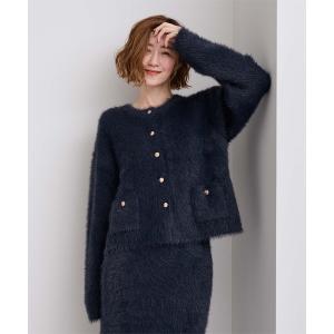 カーディガン ゴールド釦シャギーニットカーディガン レディース