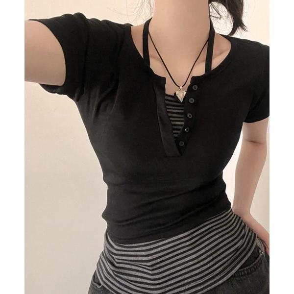 tシャツ ホルターネック レイヤード風 半袖Tシャツ レディース