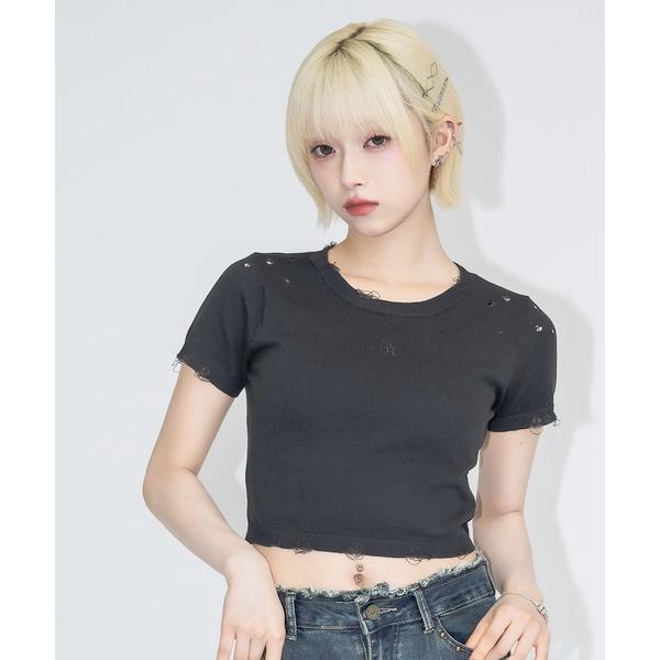 tシャツ ハーフスリーブダメージニット レディース