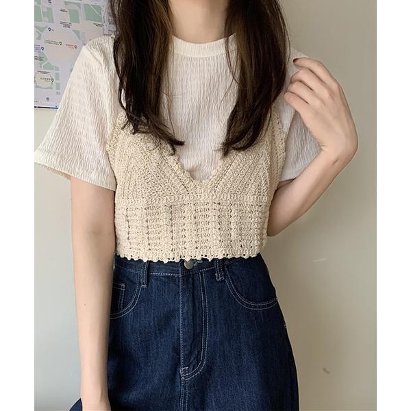 tシャツ しわ加工Tシャツ＆ニットビスチェ 2点セット レディース