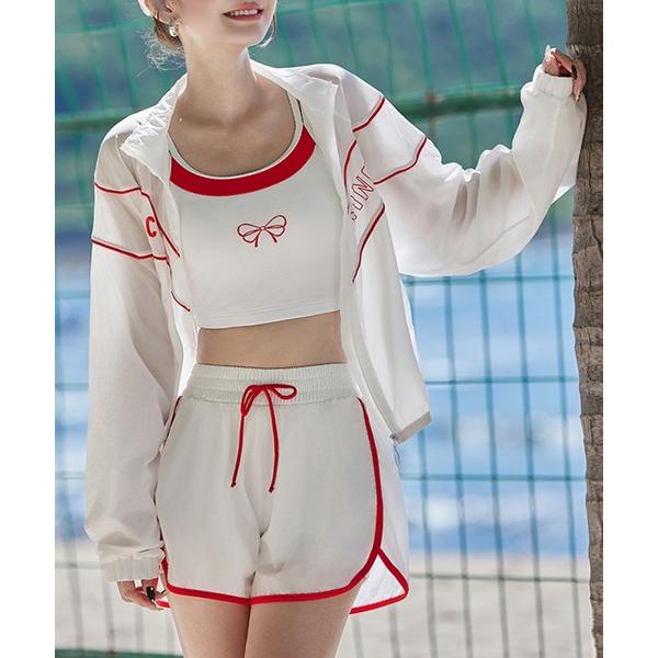 水着 レディース水着 長袖パイピングワンポイントロゴトップス+ブラ+ショーツ一体型パンツ フィットネ...