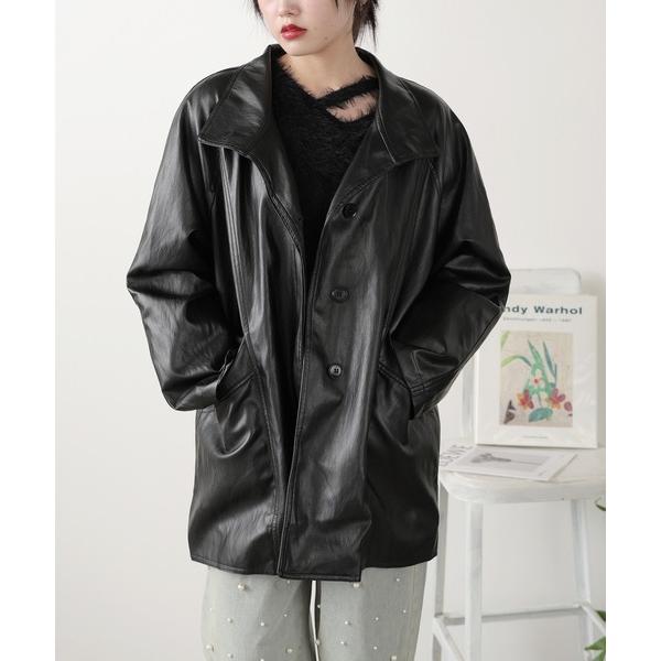 ジャケット ノーカラージャケット ミドル丈 オーバーサイズ スタンドネックフェイクレザージャケット ...