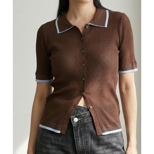 カーディガン 麻タッチ/半袖ポロニットカーデ レディース