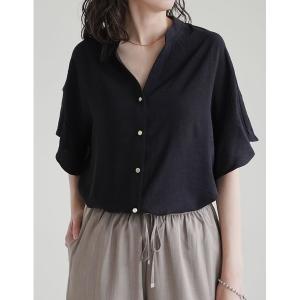 ブラウス シャツ 半袖 「UVカット」「接触冷感」「体型カバー」ポーラVネックフレアスリーブ切り替え半袖ブラウス レディース